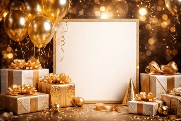 Naklejka premium Chic birthday party invite showcasing gold balloons and wrapped gifts with a blank section for personal information