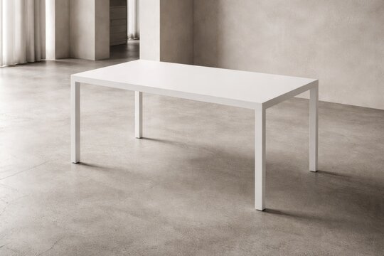 White minimalist table atop a tactile cement floor suited for stylish interiors