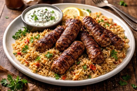 Cooked skinless cevapcici with spiced rice and fresh herb sour cream on wooden surface