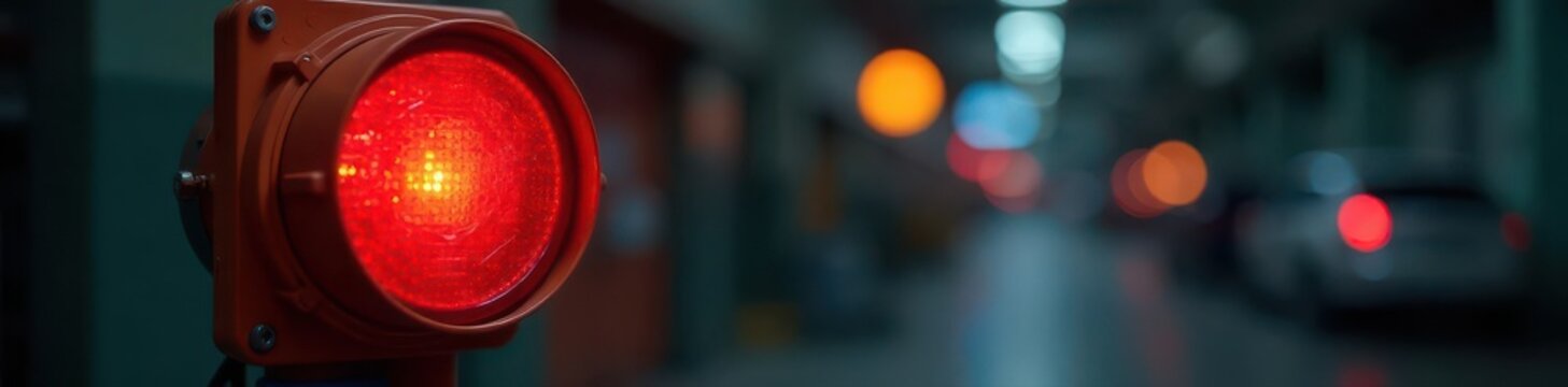 Red industrial signal light with protective metal casing, alert, industrial signal, red light