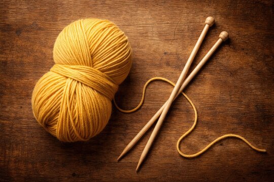 Minimalist flat lay of yellow wool yarn and knitting needles on textured wooden background warm tones