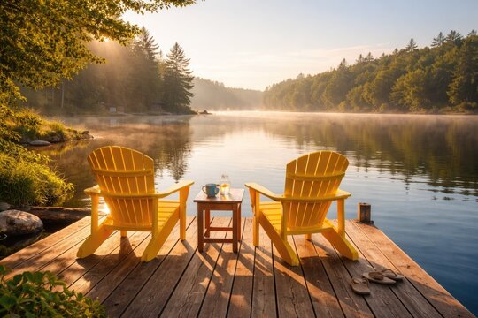 Relaxing summer morning scene with twin yellow chairs on a natural wood dock by a placid lake