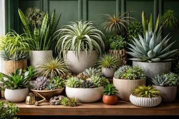 Fototapeta premium Stylish home interior with a packed garden of air plants and succulents in modern pots against green paneled backdrop