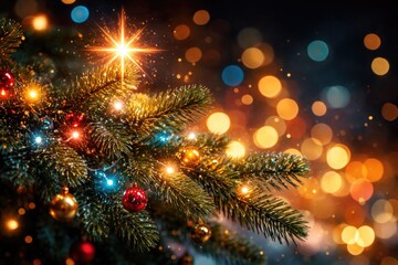 Fototapeta premium Advertising image of a fir branch glowing with a sparkling star and colorful lights with bokeh effects