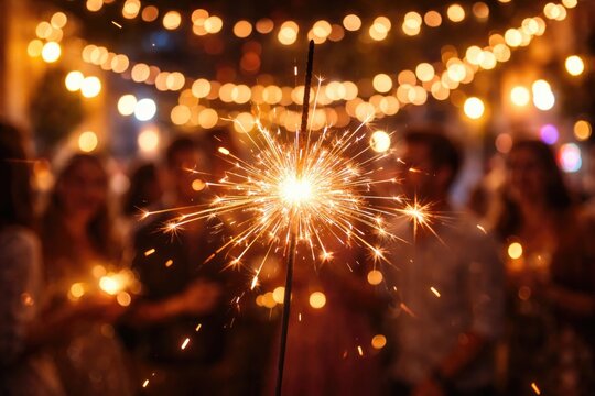 Glowing sparkler emitting lively sparks over cheerful event scene