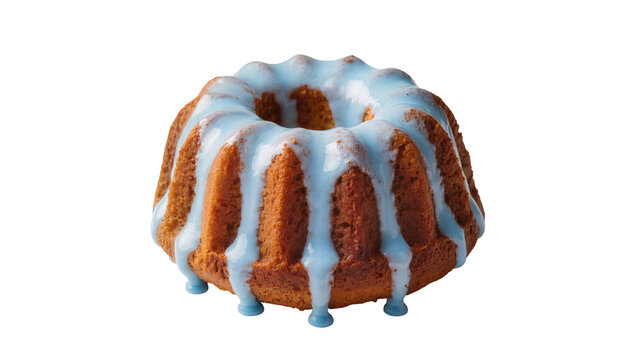 Bundt cake with blue icing drizzled over its fluted sides, isolated on transparent background