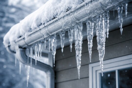 Detailed view of icy icicles attached to a house gutter under chilly weather