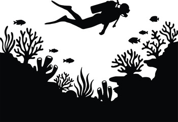 Silhouette of a scuba diver exploring the deep underwater ocean world with beautiful coral reefs and swimming fishes representing a marine life adventure concept. © VectaNoor