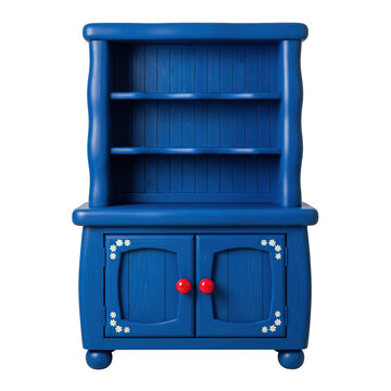 Blue miniature wooden cabinet with shelves and red knobs for dollhouse interior decoration
