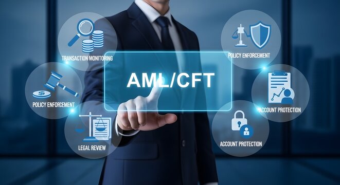 Man in a suit pointing at AML/CFT concept for the idea of Business finance and security.