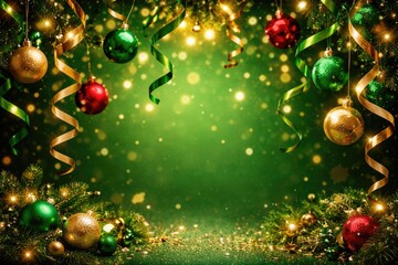 Naklejka premium Vibrant green holiday background decorated with festive ribbons and baubles