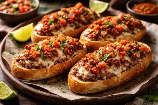 Classic Mexican Molletes Served on Bolillo Bread with Refried Beans, Cheese, Pico de Gallo, and Spicy Chorizo