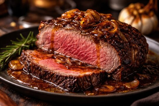 Medium rare prime rib steak with caramelized onions and sauce