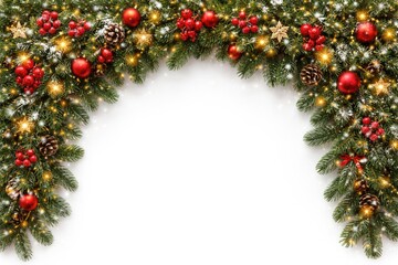 Naklejka premium Wide arch of fresh fir branches creating a festive Christmas border on white background