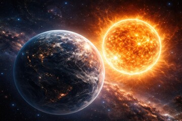 Fototapeta premium Cosmic illustration of planet and sun floating in vast space