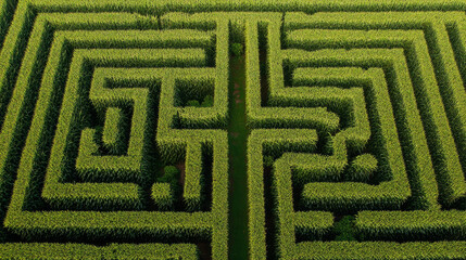 Naklejka premium Abstract interpretation of top-down drone shot of corn maze with geometric pathways and tall corn walls, symmetrical composition, vibrant green tones, daylight in clean