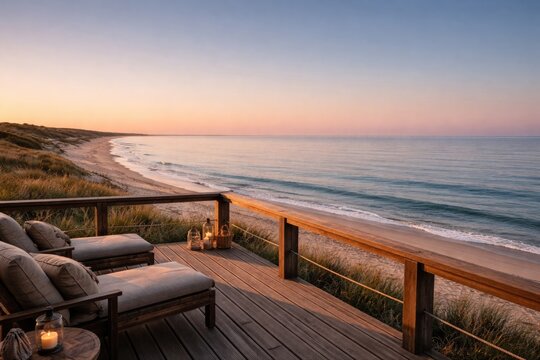 Relaxing shoreline outlook from timber deck surveying still ocean and sandy coast at evening with subtle breakers and cloudless sky