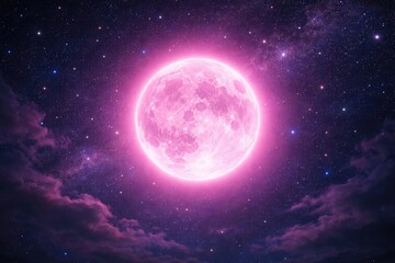 Fototapeta premium Bright pink super moon shining over star-filled night sky with a pink halo backdrop