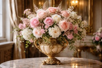 Fototapeta premium Sophisticated floral design with pink and white flowers in an ornate vase