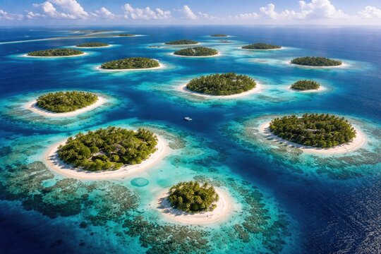 Overhead image highlighting a genuine archipelago with miniature unique atolls set in a scenic backdrop