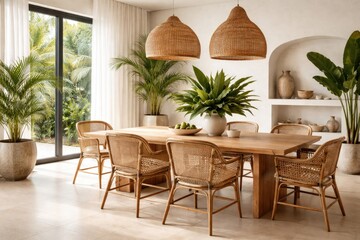 Fototapeta premium Minimalist dining room with tropical elements and artisanal rattan chairs