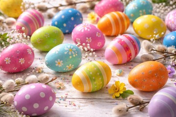 Naklejka premium Brightly painted Easter eggs scattered over white wooden plank surface