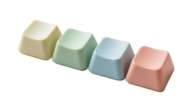 Four pastel-colored keyboard keycaps arranged in a row, isolated on transparent background