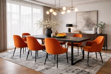 Fototapeta premium Chic dining area with a modern rectangular table complemented by bold orange chairs and a distinctive grey patterned rug