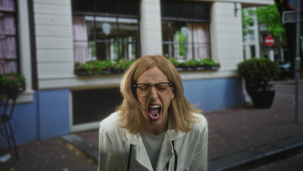Fototapeta premium Woman doctor in lab coat and stethoscope shouting with mouth wide open and clenched hands on a city street outside a storefront building; stress urgency.