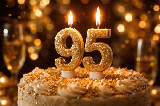 Golden number 95 candle glowing gently amid festive shimmering lights