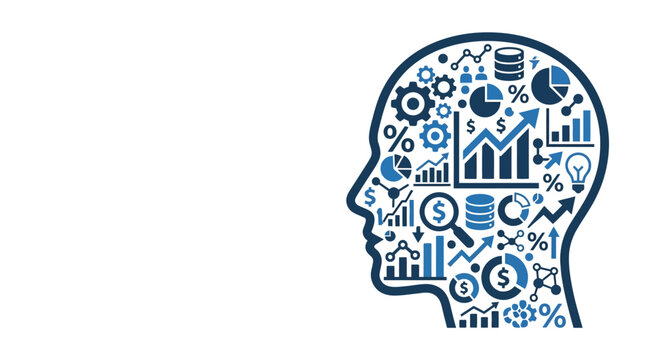 Human head profile silhouette filled with financial and business data icons.