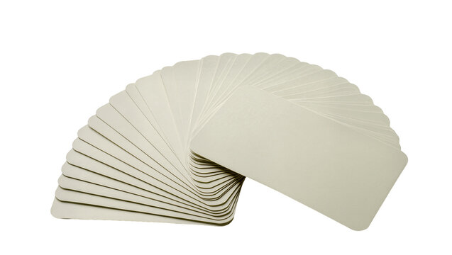 Fan of blank beige cards, isolated on transparent background
