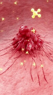 3D animation of targeted drug therapy, chemotherapy, and radiation working together to remove tumors, inhibit cancer cell growth, and eliminate polyps.