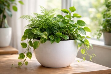 Fototapeta premium White flower pot featuring indoor plants with lively green sprigs