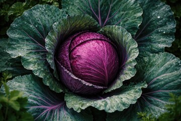 Obraz premium Overhead view highlighting a nutritious red cabbage with surrounding verdant leaves in nature