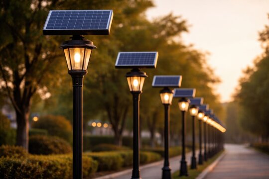 Selective focus on solar powered street lamps aligned in a neat row