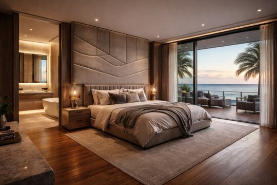 Stylish bedroom design including bespoke headboard and hardwood floors accompanied by partial master bath glimpse and peaceful ocean skyline