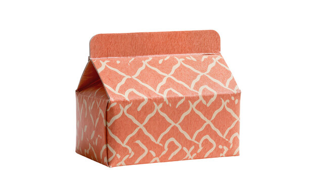Coral patterned paper gable box with cream lattice design, isolated on transparent background