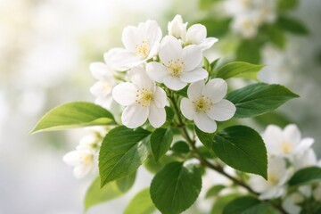 Obraz premium Light background featuring a white flowering plant with tender petals and verdant leaves