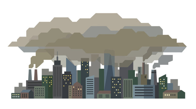 Pixel art city skyline covered in heavy industrial smog and pollution.