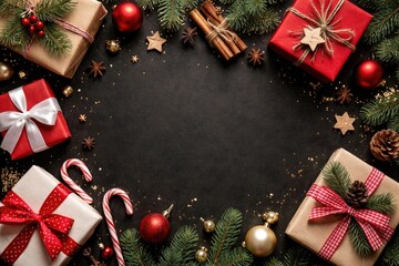 Naklejka premium Top view of simple Christmas gifts and ornaments arranged on black surface with copy space