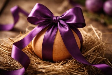 Naklejka premium Organic raw Easter egg tied with a deep purple bow and wrapped as a present