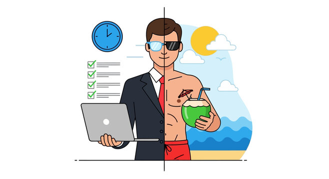 Conceptual split illustration of a man balancing business professional life and tropical vacation leisure.