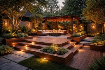 Obraz premium Upgraded wooden courtyard with raised deck and ambient lighting