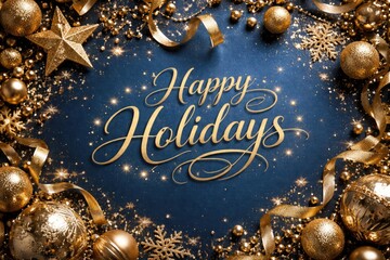 Naklejka premium Holiday celebration card design showcasing glamorous gold ornaments on a blue background