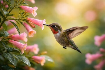 Obraz premium Tiny hummingbird sipping nectar from a blooming plant