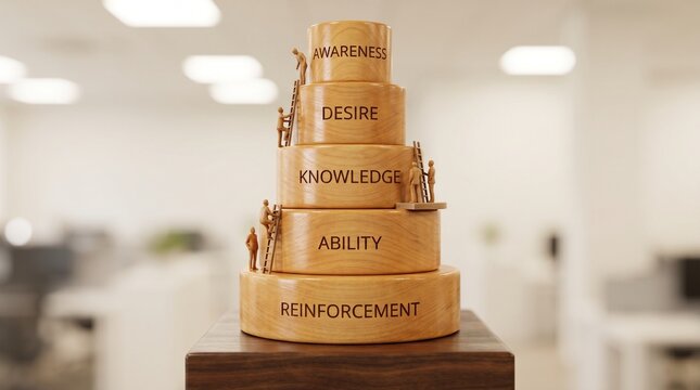 Wooden hierarchy of needs concept with human figures climbing stacked levels in a professional office setting