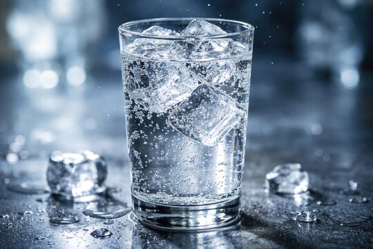 Crystal clear glass with bubbles in sparkling water and ice