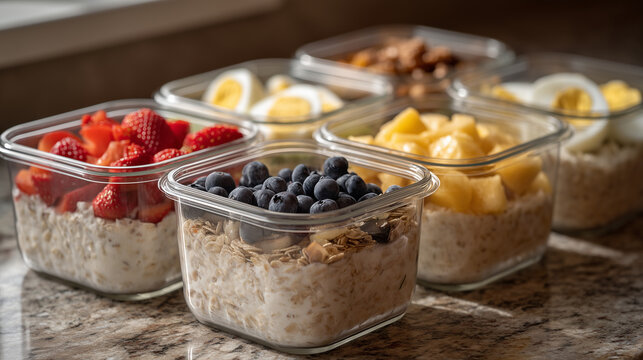 Labeled clear meal prep containers of overnight oats, sliced fruit, boiled eggs, and salads arranged in neat grid on kitchen counter, healthy weekly routine, batch cooking, nutrition organization ci