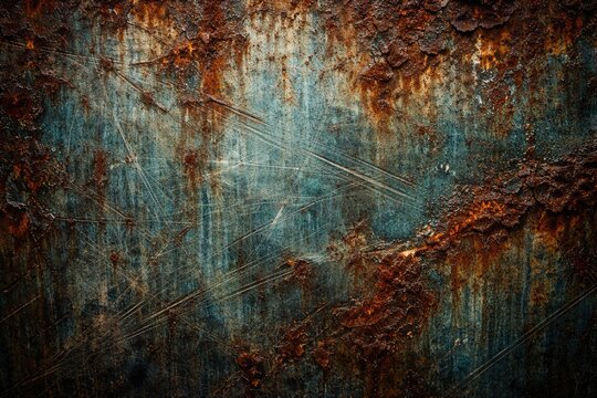 weathered metal surface displaying turquoise rust textures and industrial scratches